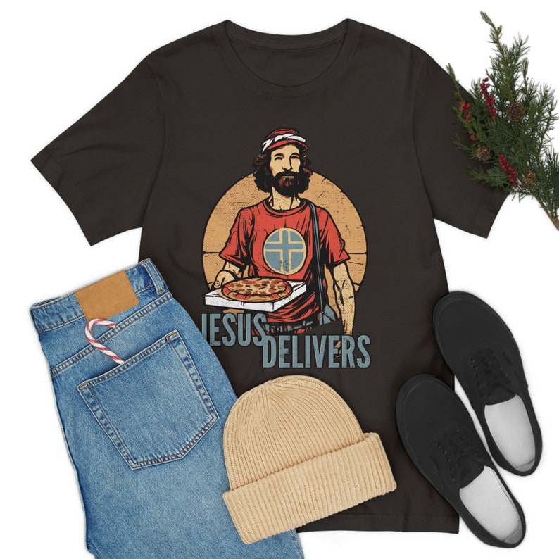 Jesus Delivers Christian Tee Shirt with Pizza Delivery Guy Design | Faith-Based Apparel for Pizza Lovers | Inspirational and Fun Jesus Shirt image 3
