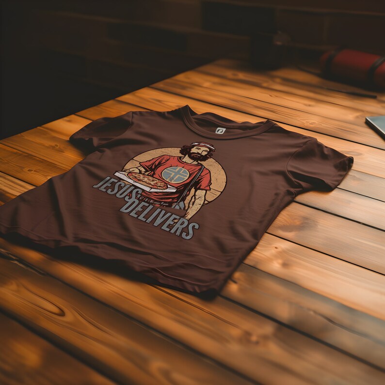 Jesus Delivers Christian Tee Shirt with Pizza Delivery Guy Design | Faith-Based Apparel for Pizza Lovers | Inspirational and Fun Jesus Shirt image 2