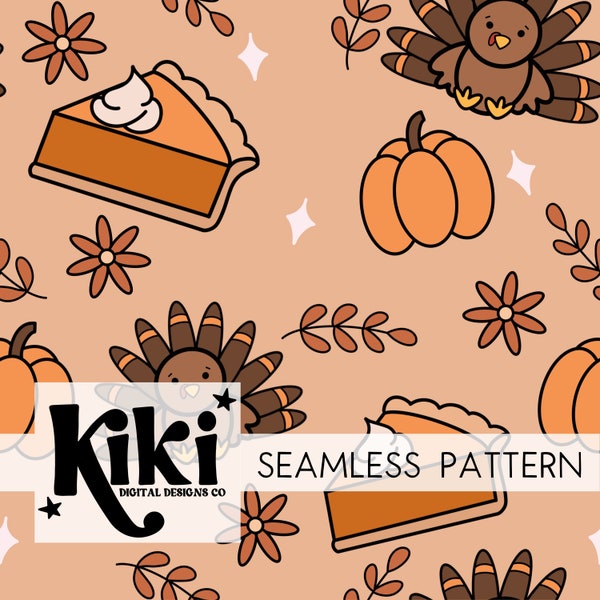 Thanksgiving Seamless Pattern File, Pie Seamless Pattern, Retro Pattern, Digital Paper, Turkey