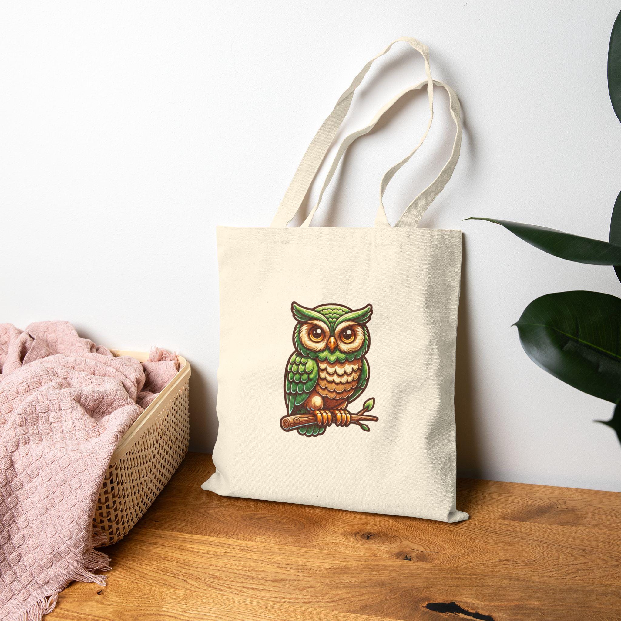 Vintage Green Owl Tote Bag | Illustrated Canvas Tote