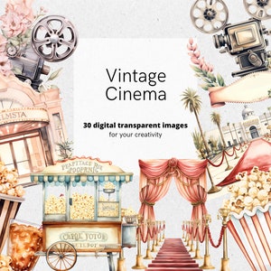 Vintage Cinema Watercolor Clipart - digital png vintage cinema, movies graphics for instant download commercial use