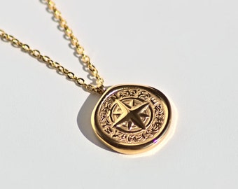 North Star Compass Pendant Necklace Coin Pendant 18k Gold Plated Jewellery  For Him For Her Unisex PVD Plating Rustic