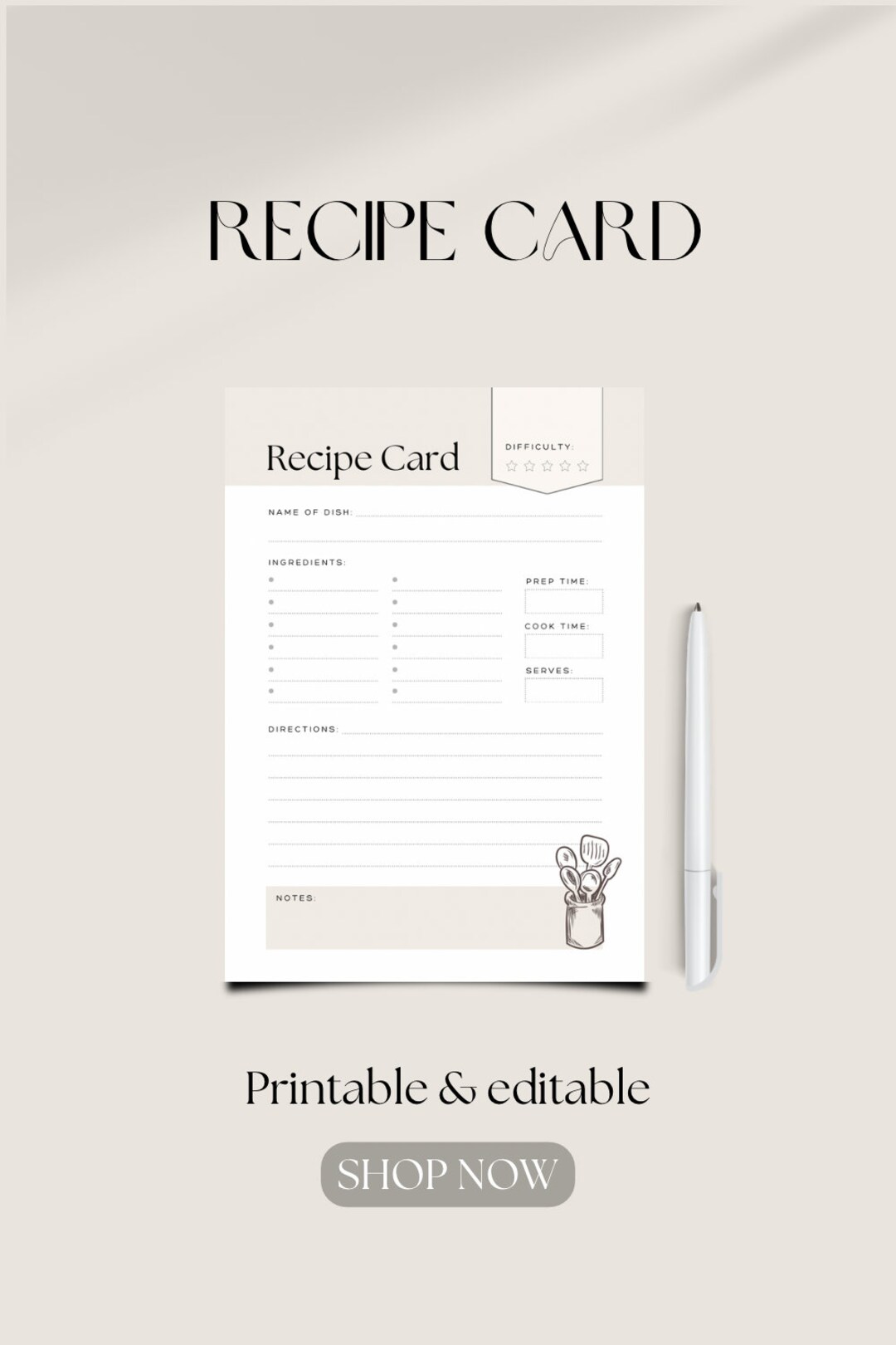 Printable Recipe Card Simple Minimal Recipe Card Editable - Etsy