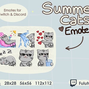 Summer Cats Grey Emote Pack | Twitch | Discord | YouTube | Kawaii Cute VTuber Kitty Cat Streaming Emotes