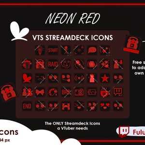 Könnte beinhalten: 76 rote Neon-Streamdeck-Icons für einen VTuber, mit schwarzem Hintergrund und dem Text "NEON RED" und "VTS STREAMDECK ICONS". Die Icons beinhalten eine Vielzahl von Symbolen, wie z. B. ein Herz, einen Stern, ein Mikrofon, eine Kamera und einen Mülleimer. Der Text "The ONLY Streamdeck Icons a VTuber needs" ist ebenfalls enthalten, sowie das Twitch-Logo und der Text "Fulutu".