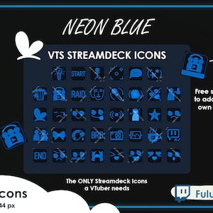 Op de afbeelding: Een donkerblauwe afbeelding met de woorden "NEON BLUE" en "VTS STREAMDECK ICONS" in het wit. De afbeelding bevat 76 neonblauwe pictogrammen, waaronder "START", "RAID" en "BRB". Tekst luidt "Free space to add your own Text!" en "The ONLY Streamdeck Icons a VTuber needs".