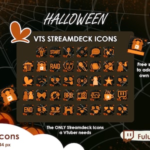 Könnte beinhalten: Ein Satz von 76 Halloween-Streamdeck-Icons für Vtuber. Die Icons sind orange und schwarz und zeigen verschiedene Designs, darunter ein Geist, ein Kürbis, eine Fledermaus und eine Spinne. Die Icons sind in einem Raster auf einem schwarzen Hintergrund mit einem Spinnennetz-Muster angeordnet. Der Text "VTS Streamdeck Icons" befindet sich oben im Bild, und der Text "76 Icons 144 x 144 px" befindet sich unten im Bild.