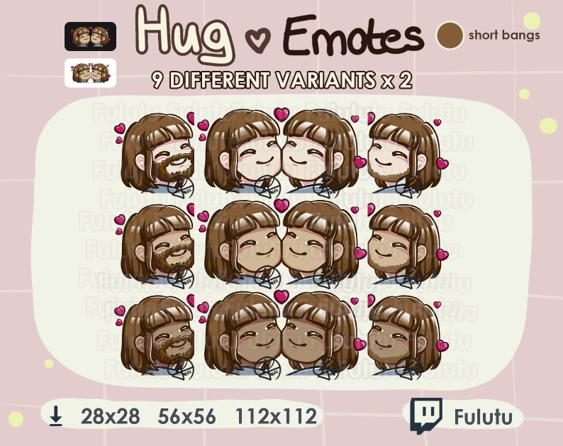 Hug Emote Pack - Short Bangs Brown | Twitch | Discord | Youtube ...