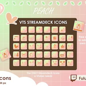 Op de afbeelding: Stream Deck-pictogrammen met een perzikthema voor Vtubers. In totaal 76 pictogrammen, elk met een afmeting van 144 x 144 pixels. De pictogrammen omvatten een verscheidenheid aan veelvoorkomende streamingacties, zoals starten, raid, beëindigen, BRB en meer. De pictogrammen zijn ontworpen met een perzikkleurige gradiënt en een holografisch effect.