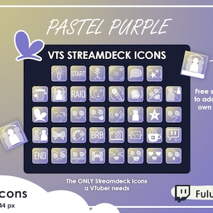 Op de afbeelding: 76 pastelpaarse Streamdeck-pictogrammen voor VTubers, elk 144 x 144 pixels. Pictogrammen omvatten start, raid, einde, BRB en meer. Gratis ruimte om je eigen tekst toe te voegen. De ENIGE Streamdeck-pictogrammen die een VTuber nodig heeft. Fulutu.