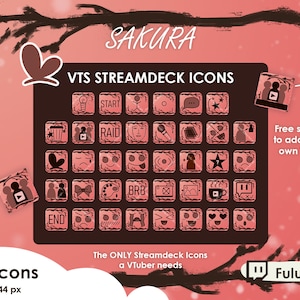 Könnte beinhalten: 76 Streamdeck-Icons für Vtubers mit verschiedenen Designs, darunter ein Start-Button, ein Raid-Button, ein BRB-Button und ein End-Button. Die Icons sind in einem rosa und braunen Farbschema gehalten und haben eine Größe von 144 x 144 Pixel.