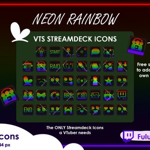 Op de afbeelding: 76 neon regenboog Stream Deck-pictogrammen voor VTubers, elk 144 x 144 pixels. De pictogrammen omvatten een verscheidenheid aan symbolen, zoals een startknop, een raidknop, een eindknop en een BRB-knop. Er is ook ruimte om je eigen tekst toe te voegen.