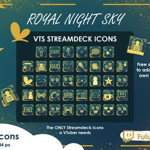 Puede incluir: Un conjunto de 76 iconos de Twitch Stream Deck dorados y azules con un tema de cielo nocturno real. Los iconos incluyen una variedad de símbolos, como un botón de inicio, un botón de incursión, un botón de fin y un botón BRB. Los iconos tienen un tamaño de 144 x 144 píxeles. El texto "ROYAL NIGHT SKY" y "VTS STREAMDECK ICONS" está en la parte superior de la imagen. El texto "76 Icons" y "144 x 144 px" está en la parte inferior izquierda de la imagen. El texto "The ONLY Streamdeck Icons a VTuber needs" está en la parte inferior central de la imagen. El texto "Free space to add your own Text!" está en la parte inferior derecha de la imagen. El texto "Fulutu" está en la parte inferior derecha de la imagen.