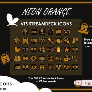 Op de afbeelding: Een verzameling van 76 neonoranje VTS Streamdeck-pictogrammen op een zwarte achtergrond. De pictogrammen bevatten symbolen voor start, raid en einde, met de tekst "NEON ORANGE" bovenaan. De afbeelding bevat ook de tekst "The ONLY Streamdeck Icons a VTuber needs."