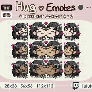 Puede incluir: Nueve variaciones de una ilustración digital de dos personajes de dibujos animados abrazándose. Los personajes tienen el pelo oscuro y llevan camisas grises. El fondo es rosa con el texto "Hug ♥ Emotes" y "9 DIFFERENT VARIANTS x 2".