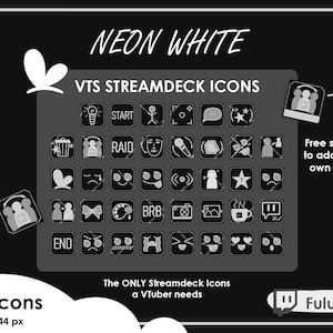 Op de afbeelding: Een set van 76 zwart-witte Streamdeck-pictogrammen voor virtuele streamers. De pictogrammen zijn 144 x 144 pixels groot en bevatten pictogrammen voor start, raid, BRB, einde en meer. De tekst "NEON WHITE" en "VTS STREAMDECK ICONS" staat bovenaan de afbeelding. De tekst "The ONLY Streamdeck Icons a VTuber needs" staat onderaan de afbeelding. De tekst "76 Icons 144 x 144 px" staat in de linkerbenedenhoek van de afbeelding. De tekst "Fulutu" staat in de rechterbenedenhoek van de afbeelding.