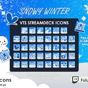 Op de afbeelding: Een set van 76 winterthema Streamdeck-pictogrammen voor Vtubers. De pictogrammen zijn blauw en wit met een sneeuwvlokkenachtergrond. De pictogrammen omvatten een verscheidenheid aan acties, zoals start, raid, BRB en einde. De tekst "Snowy Winter" en "VTS Streamdeck Icons" bevindt zich bovenaan de afbeelding. De tekst "76 Icons" en "144 x 144 px" bevindt zich onderaan de afbeelding. De tekst "Free space to add your own.Text!" bevindt zich rechts van de afbeelding. De tekst "The ONLY Streamdeck Icons a VTuber needs" bevindt zich linksonder in de afbeelding. De tekst "Fulutu" bevindt zich rechtsonder in de afbeelding.