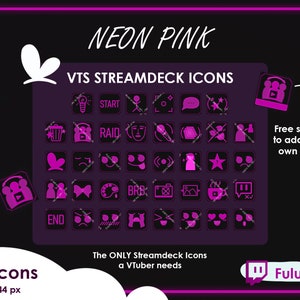 Op de afbeelding: 76 neon roze Streamdeck-pictogrammen voor een VTuber, elk pictogram is 144 x 144 pixels groot. De pictogrammen bevatten een verscheidenheid aan symbolen, zoals een startknop, een raidknop, een BRB-knop en een hart. Er is ook een ruimte om je eigen tekst toe te voegen.