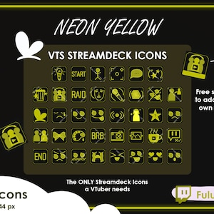 Könnte beinhalten: Ein Satz von 76 neon gelben Stream Deck Icons für Vtubers. Die Icons sind 144 x 144 Pixel groß und beinhalten verschiedene Symbole wie ein Mikrofon, einen Stern, eine Kaffeetasse und ein Herz. Der Text "NEON YELLOW" und "VTS STREAMDECK ICONS" wird oben im Bild angezeigt. Der Text "76 Icons" und "144 x 144 px" wird unten im Bild angezeigt. Der Text "The ONLY Streamdeck Icons a VTuber needs" wird in der unteren rechten Ecke des Bildes angezeigt. Der Text "Free space to add your own Text!" wird in der oberen rechten Ecke des Bildes angezeigt. Der Text "Fulutu" wird in der unteren rechten Ecke des Bildes angezeigt.
