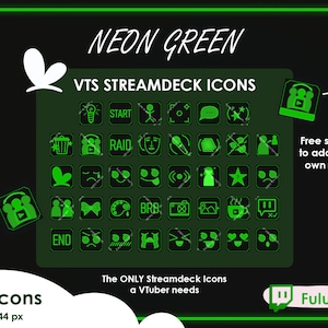 Op de afbeelding: Een set van 76 neon groene Stream Deck-pictogrammen voor VTubers, met pictogrammen voor veelvoorkomende streamingacties zoals start, raid, BRB en einde. De pictogrammen zijn 144 x 144 pixels groot en zijn ontworpen voor gebruik met de Elgato Stream Deck.