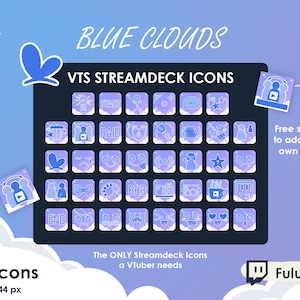 Könnte beinhalten: Ein Satz von 76 blauen und violetten Streamdeck-Icons für Vtuber. Die Icons sind 144 x 144 Pixel groß und beinhalten Icons für Start, Raid, BRB, Ende und mehr. Die Icons sind im Wolken-Design gehalten und zeigen ein blaues Schmetterlingslogo. Der Text "Blue Clouds" und "VTS Streamdeck Icons" befindet sich oben im Bild. Der Text "The ONLY Streamdeck Icons a VTuber needs" befindet sich unten im Bild. Der Text "Free space to add your own Text!" befindet sich rechts im Bild. Der Text "Fulutu" befindet sich unten rechts im Bild.