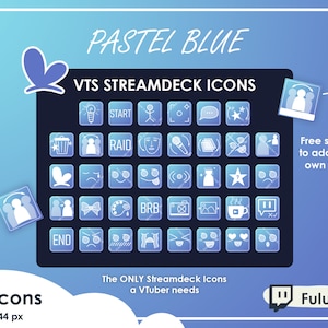 Könnte beinhalten: 76 pastellblaue Streamdeck-Icons für VTuber, jeweils 144 x 144 Pixel. Die Icons beinhalten Start, Raid, Ende, BRB und mehr. Freier Platz zum Hinzufügen Ihres eigenen Textes. Die EINZIGEN Streamdeck-Icons, die ein VTuber braucht. Fulutu.
