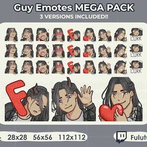 Puede incluir: Un conjunto de emotes de Twitch de 28x28, 56x56 y 112x112 píxeles con un personaje de dibujos animados con cabello negro largo y cuernos. El personaje se muestra con diferentes expresiones, incluyendo un corazón, una ola y un ceño fruncido. El texto "Lurk" aparece en la esquina inferior derecha de los emotes.