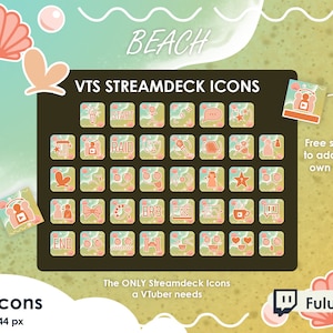 Op de afbeelding: Een set van 76 strandthema Streamdeck-pictogrammen voor Vtubers, met een verscheidenheid aan pictogrammen, waaronder start, raid, einde, brb en meer. De pictogrammen zijn 144 x 144 pixels groot en zijn ontworpen voor gebruik met de Elgato Stream Deck.