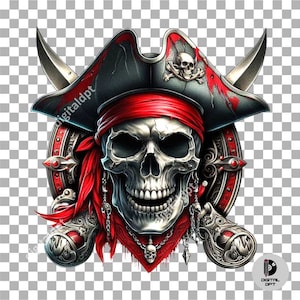 May include: A skull wearing a red bandana and a black pirate hat with a skull and crossbones design. The skull is holding two crossed swords and has a gold chain necklace with a skull pendant.