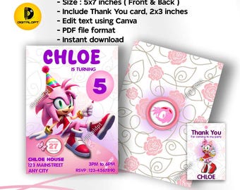 Cute amy rose birthday invitation card, editable printable invites PDF files, birthday invitation templates.