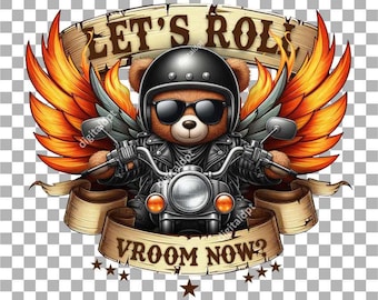 Cute Teddy Bear Biker Clipart, Kids Birthday (PNG Digital Download)