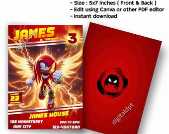 Sonic Geburtstagseinladungskarte, Knuckles die Echidna Geburtstagseinladung, druckbare Karten, Sonic Geburtstag bearbeitbare Vorlage