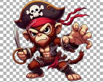 Clipart di scimmia pirata dei cartoni animati: design PNG divertente (download digitale)