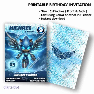 Carte d'invitation d'anniversaire Sonic, invitation d'anniversaire Sonic, carte d'anniversaire pour enfants à imprimer, carte d'anniversaire Sonic le hérisson.