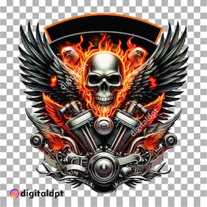 May include: A black and silver motorcycle engine with flames and two eagle wings on either side. A skull with flames is in the center of the design.