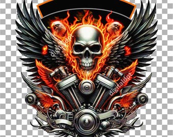 Teschio fiammeggiante con ali PNG: design clipart del motore (download digitale)