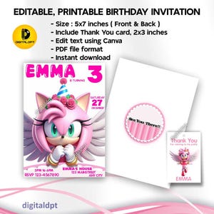 Convite fofo para meninas - Festa de aniversário da Amy Rose, modelo editável do Canva, download para impressão