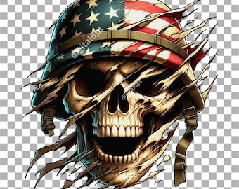 Illustrazione del teschio di un soldato americano in formato PNG trasparente, sfondo trasparente per stampa digitale dell'esercito