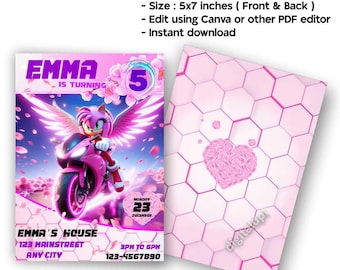 Amy Rose printable birthday invitation card, custom amy birthday card template, kids sonic birthday invite card, editable bday card