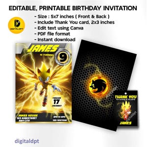 Carte d'invitation d'anniversaire sonic, carte d'invitation super sonic, carte d'invitation bday sonic le hérisson, téléchargement numérique, anniversaire imprimable, modifiable