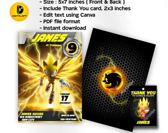 Sonic birthday invitation card, super sonic invite card, sonic the hedgehog bday invite card, digital download, printable, editable birthday