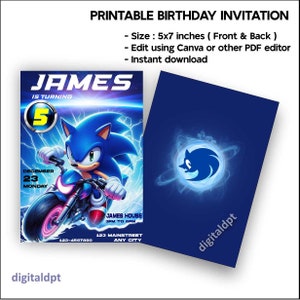 Cartes d'invitation de fête d'anniversaire Sonic, PDF modifiable, imprimable Sonic le hérisson, carte d'anniversaire à téléchargement instantané