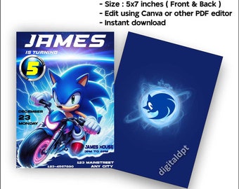 Sonic Birthday party invitation cards, editable PDF, Printable Sonic the hedgehog,instant download birthday card