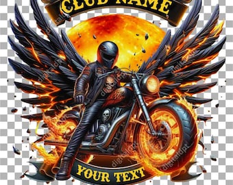 Clipart PNG di motocicletta con banner vuoto, design del logo del club motociclistico per la stampa