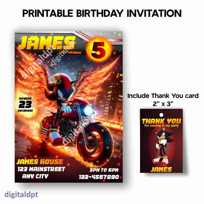 May include: Printable birthday invitation featuring a character from the Sonic the Hedgehog video game series. The character is riding a motorcycle with flames in the background. The invitation is for a 5-year-old named James. The invitation includes the date, time, and location of the party. It also includes a thank you card with the same character.