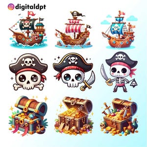 Pacote de clipart PNG de pirata fofo, pacote de clipart de caça ao tesouro, adesivos de pirata, clipart, impressão, álbum de recortes