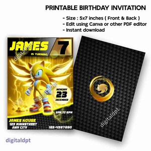 Modèle de carte d'anniversaire Sonic, faire-part de fête hérisson en téléchargement numérique, invitation d'anniversaire pour enfants, carte imprimable, PDF d'anniversaire modifiable