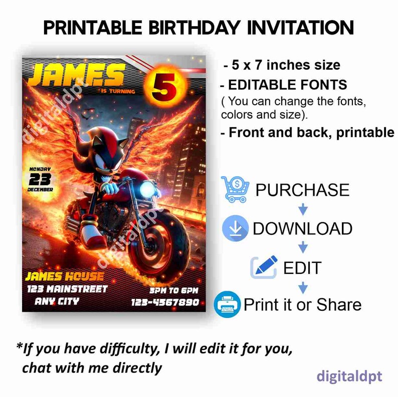 May include: Printable birthday invitation featuring a cartoon character riding a motorcycle through a fiery landscape. The invitation is 5 x 7 inches and includes editable fonts. The text on the invitation reads "James is turning 5".
