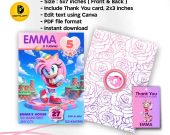 Amy Rose birthday invitation card, printable amy birthday card, sonic birthday editable, kids birthday invitation card