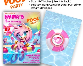 Amy Rose Pool Party Invitation, Sonic Girl Birthday Invite, Editable Canva Template, Printable Digital Download, Summer Party E-Card